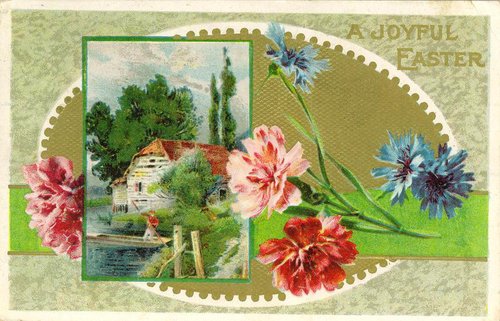 Victorian Easter Greeting Card with Cottage, Flowers & Pastoral Landscape