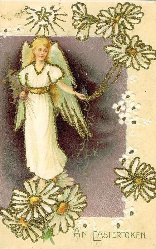 Victorian Easter Angel with Glittered Daisies Greeting Card