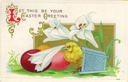 Vintage Easter Greeting Card with Chick, Eggs & Lilies