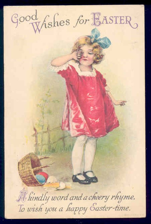 Vintage Easter Greeting Card with Girl in Red Dress, Early 1900s