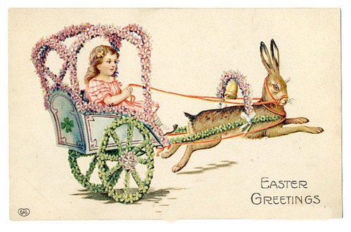 Victorian Easter Greetings Card: Girl in Floral Carriage Drawn by Hare