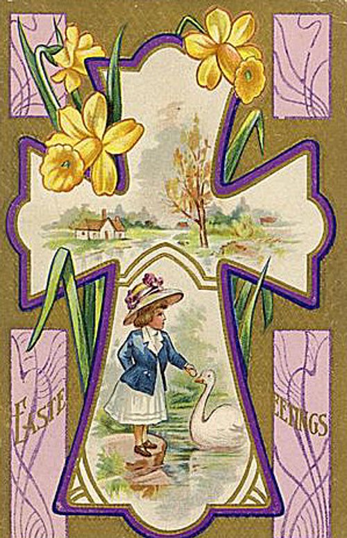 Victorian Easter Greeting Card with Girl & Daffodils