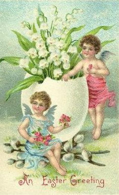 Victorian Easter Greeting Card with Cherubs & Lily Flowers