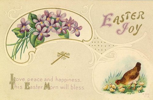 Victorian Easter Joy Greeting Card with Violets, Hen & Chicks