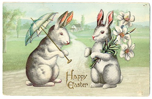 Victorian Easter Greeting Card with Anthropomorphic Rabbits