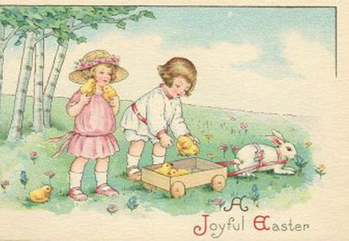 Vintage Easter Greeting Card Children Wagon Chicks Rabbit Edwardian