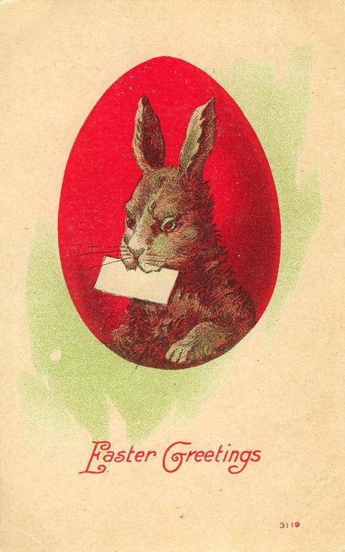 Vintage Easter Greeting Card with Rabbit Holding Letter - Early 1900s