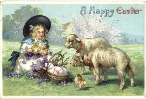 Victorian Easter Greeting Card with Girl, Lambs & Eggs