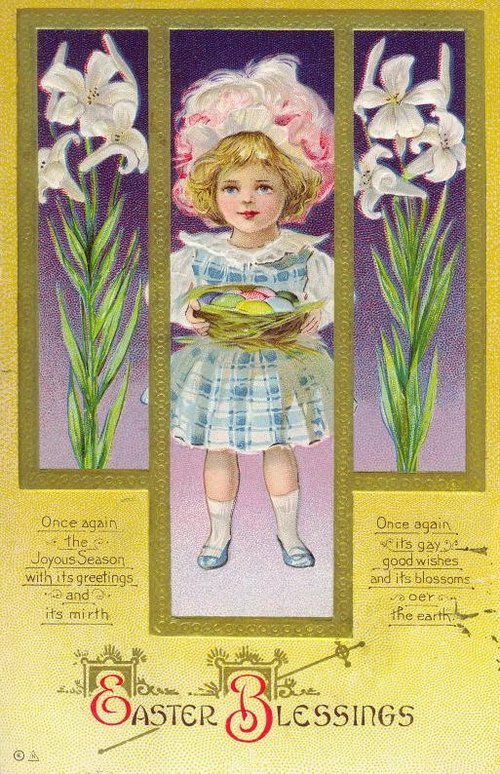 Vintage Easter Blessings Card with Blonde Child & White Lily Flowers