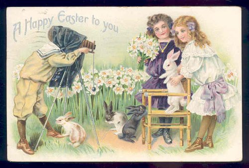 Victorian Easter Greeting Card with Children, Rabbits & Photographer