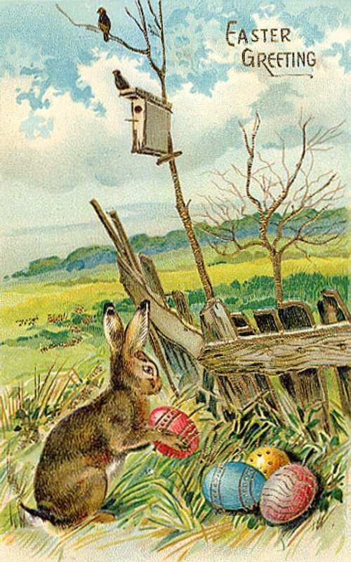 Victorian Easter Greeting Card with Bunny & Painted Eggs