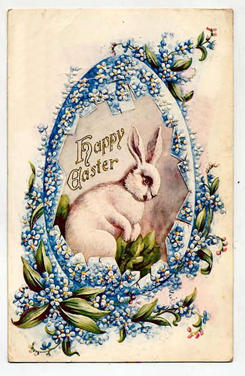 Victorian Easter Greeting Card with White Rabbit & Forget-Me-Nots