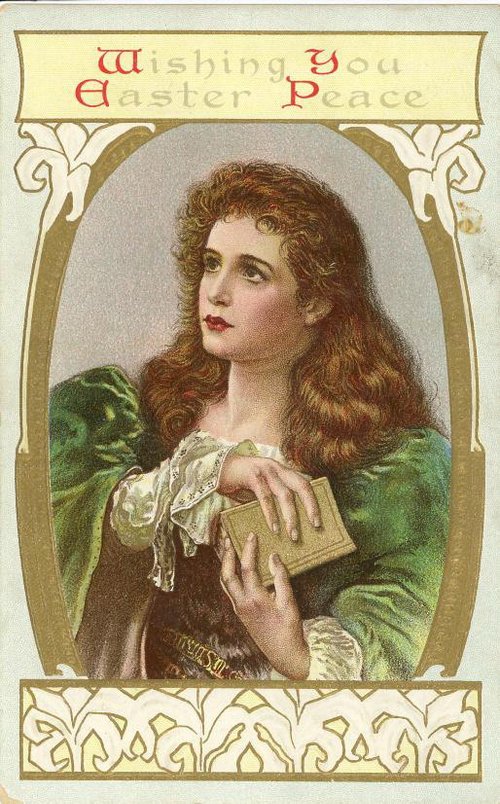 Victorian Easter Greeting Card with Woman in Green - Vintage 1890s