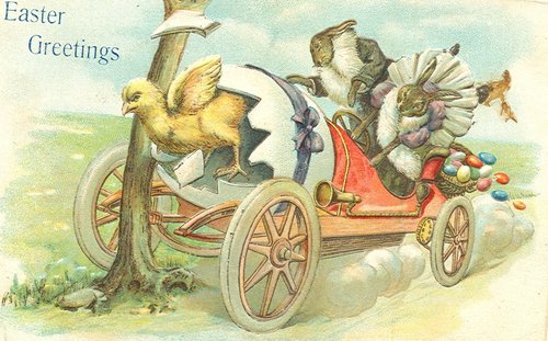 Vintage Easter Greetings Card with Chicks, Rabbits & Early Automobile