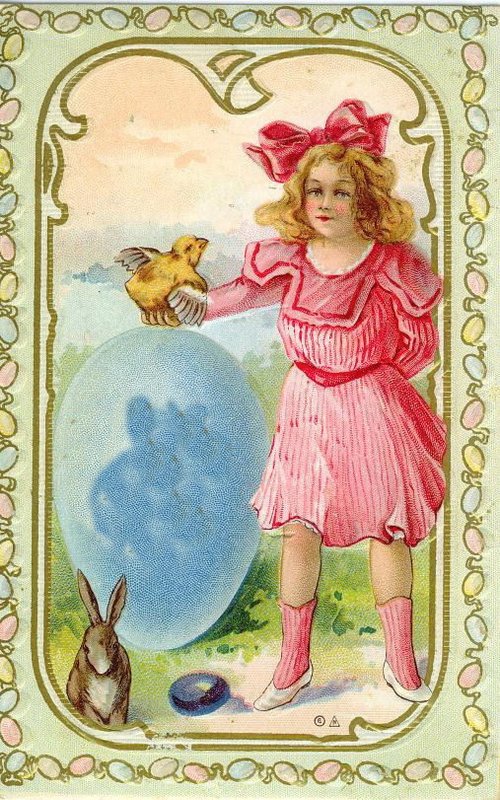 Vintage Easter Girl with Bunny and Chick Greeting Card