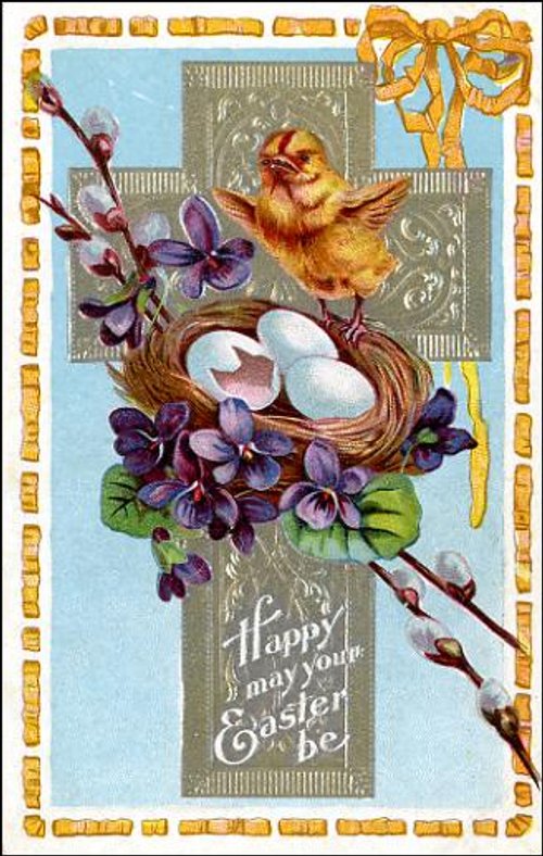 Victorian Easter Greeting Card with Nest, Eggs & Spring Flowers
