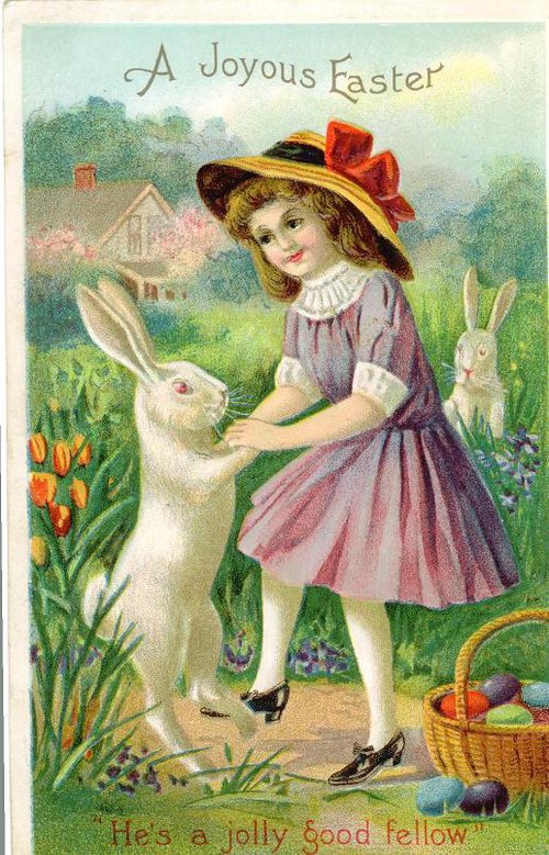 Joyous Easter Greeting Card: Girl with White Rabbit & Spring Flowers