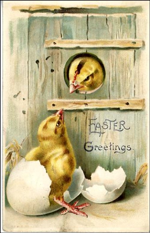 Vintage Easter Greeting Card with Chick and Eggs, Early 1900s