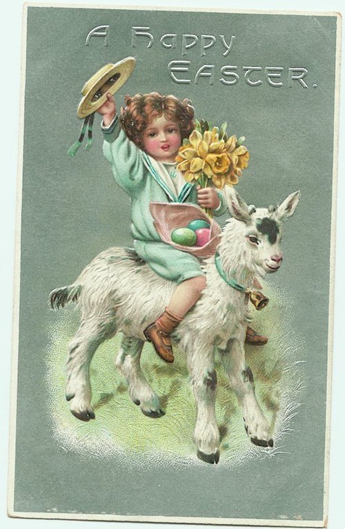 Vintage Easter Greeting Card: Child on Goat with Yellow Flowers