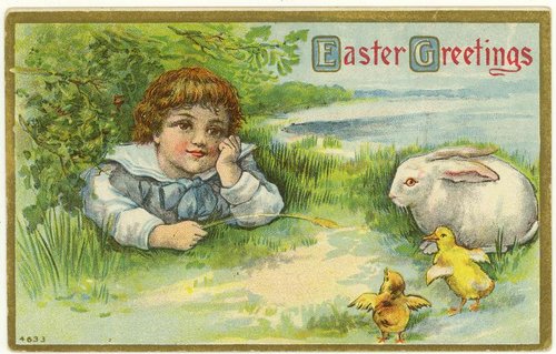 Vintage Easter Greeting Card Child Rabbit Chicks Edwardian