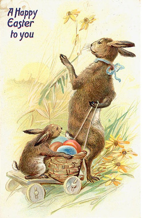 Vintage Easter Greeting Card with Rabbits & Wagon, Early 1900s