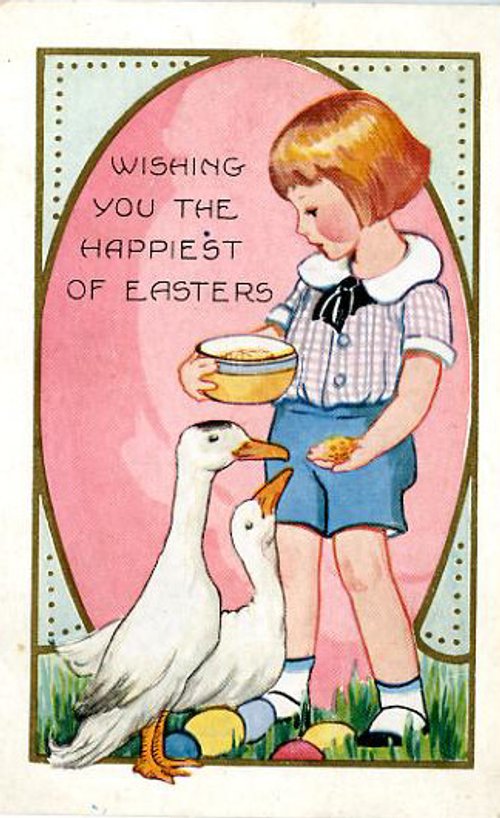 Vintage Easter Greeting Card Girl with Goose 1900s-1910s