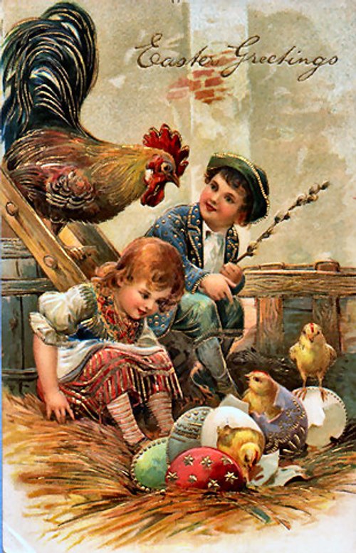 Victorian Easter Greetings Card with Children and Rooster