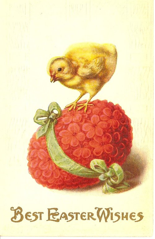 Vintage Easter Greeting Card with Yellow Chick and Red Floral Egg