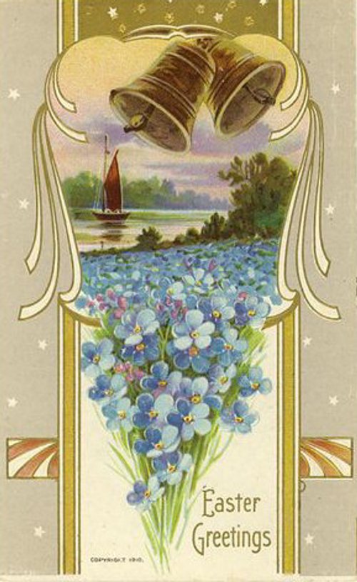 Vintage Easter Greeting Card with Bells and Forget-Me-Nots, Edwardian