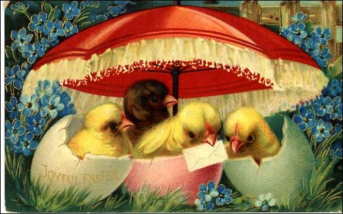 Victorian Easter Chicks Red Umbrella Greeting Card