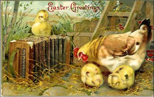 Victorian Easter Greetings Card with Hen, Chicks & Accordion