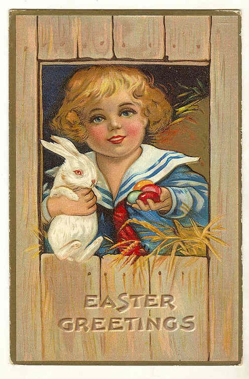 Vintage Easter Greeting Card with Cherub & White Rabbit, 1900s