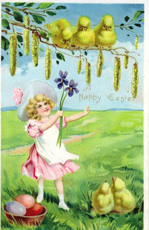 Vintage Easter Greeting Card with Chicks, Girl & Catkins