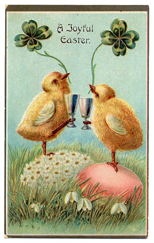 Vintage Easter Greeting Card with Anthropomorphic Chicks & Clover