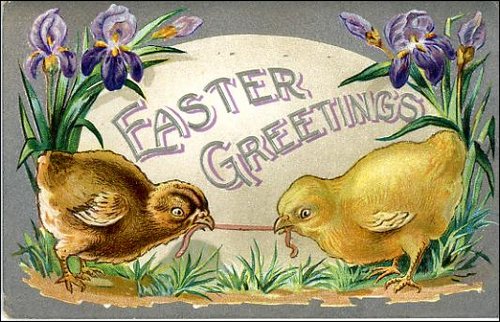 Victorian Easter Greetings Card with Chicks and Irises