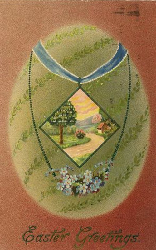 Victorian Easter Greeting Card with Die-Cut Window and Spring Landscape
