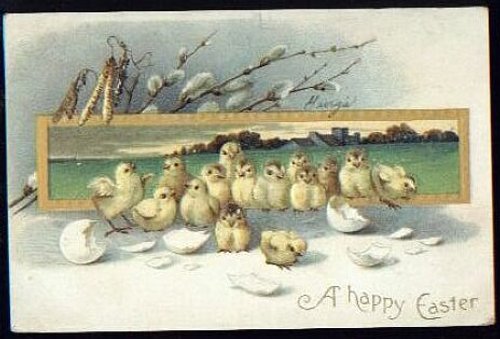 Victorian Easter Greeting Card with Chicks and Pussy Willows