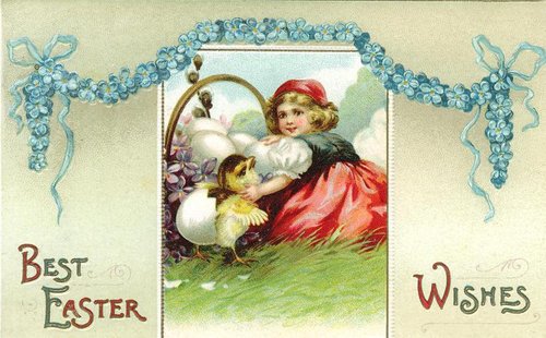 Victorian Easter Greeting Card with Girl, Chick & Easter Eggs