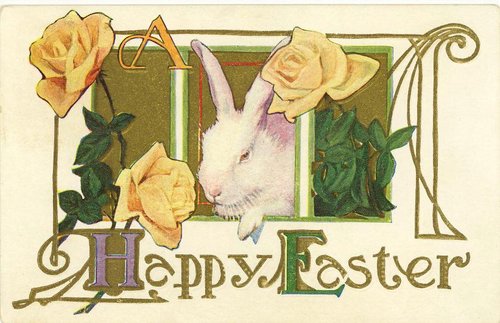 Vintage Easter Greeting Card with Rabbit and Yellow Roses