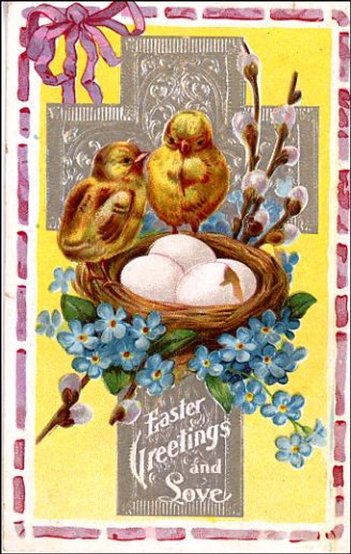 Vintage Easter Greeting Card with Golden Chicks and Nest, Victorian Era