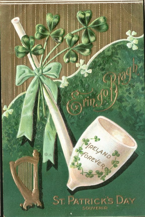 Vintage St. Patrick's Day Greeting Card with Shamrocks & Harp