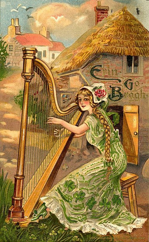 Irish Harp Maiden Vintage Greeting Card Art Nouveau