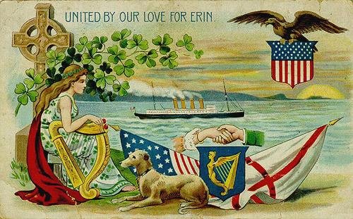 Victorian Irish-American Patriotic Greeting Card with Harp & Eagle