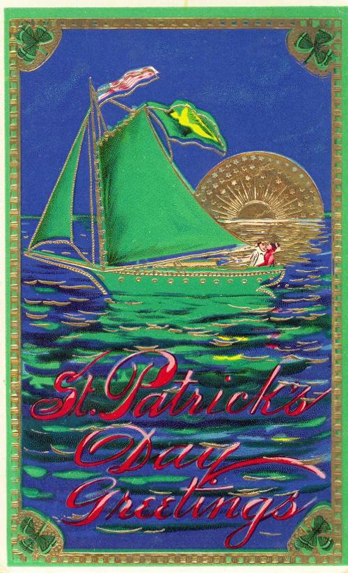 Vintage St. Patrick's Day Greeting Card with Sailboat & Shamrock Border
