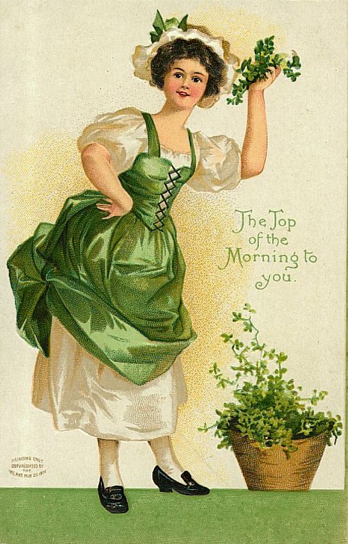 Edwardian Morning Greeting Card Woman Green Dress Potted Plant