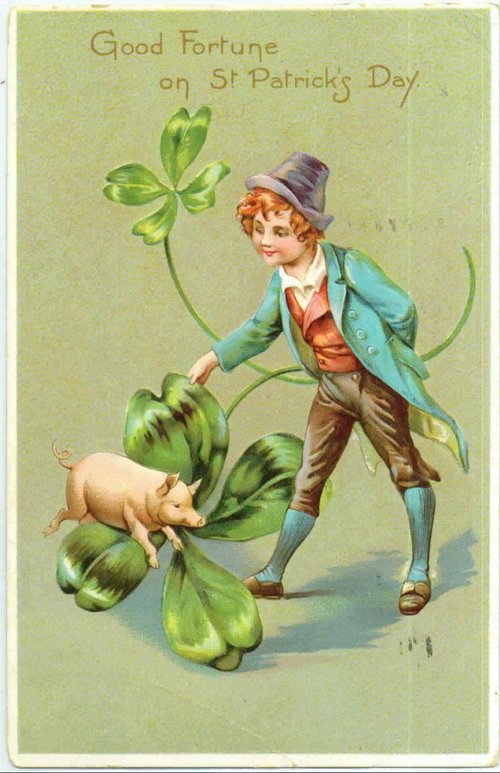 Vintage St. Patrick's Day Greeting Card with Leprechaun, Pig & Clover