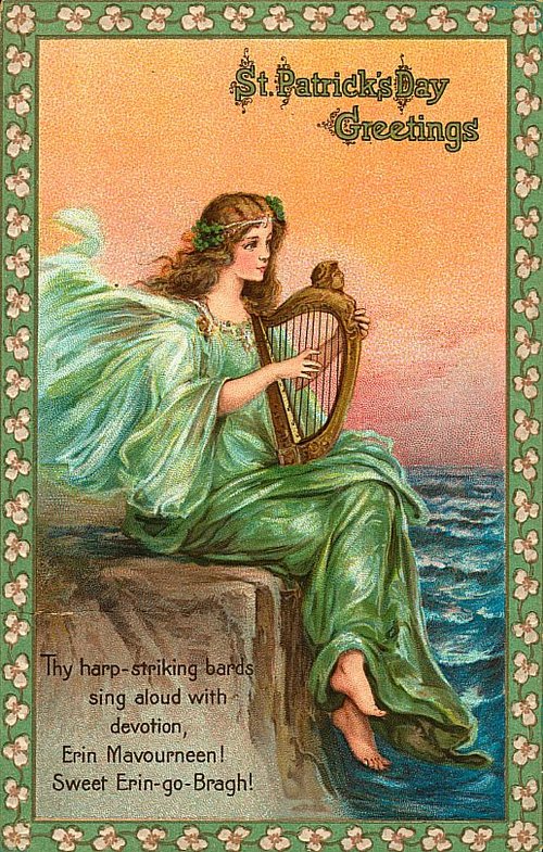Vintage St. Patrick's Day Greeting Card with Harp-Playing Maiden