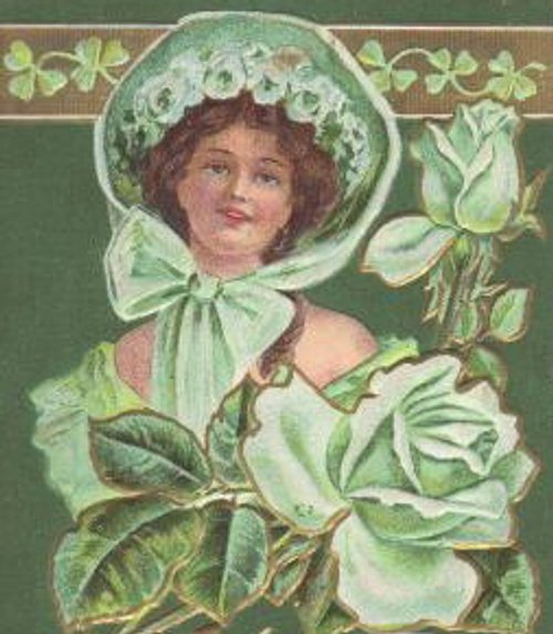 Victorian Girl in Green Bonnet with White Roses Greeting Card
