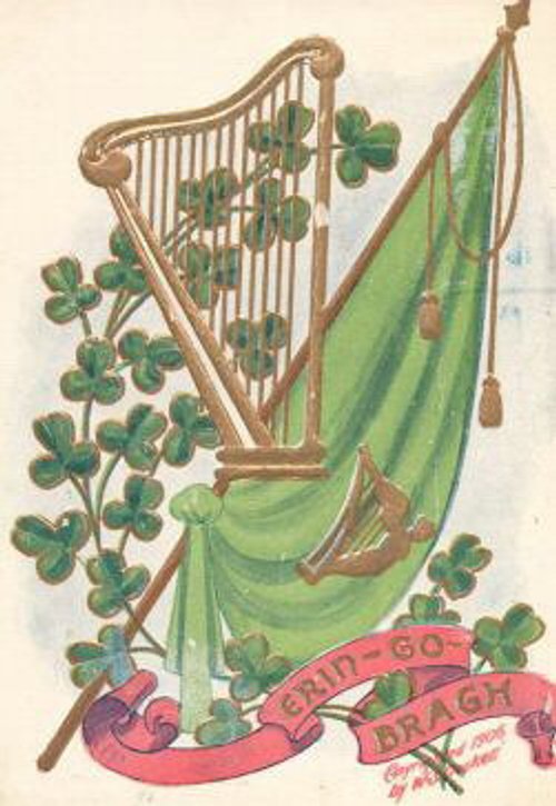 Vintage St. Patrick's Day Greeting Card with Harp & Shamrocks