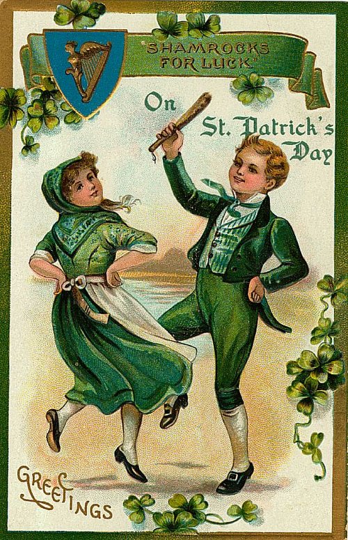 Vintage St. Patrick's Day Greeting Card with Irish Children Dancing & Shamrocks